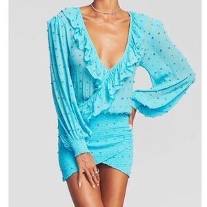 Retrofete Aqua Blue Long Sleeve Ruffled Mini Dress